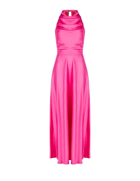 Rinascimento Maxi Satin Dress with Draped Neckline and Bow at the Back