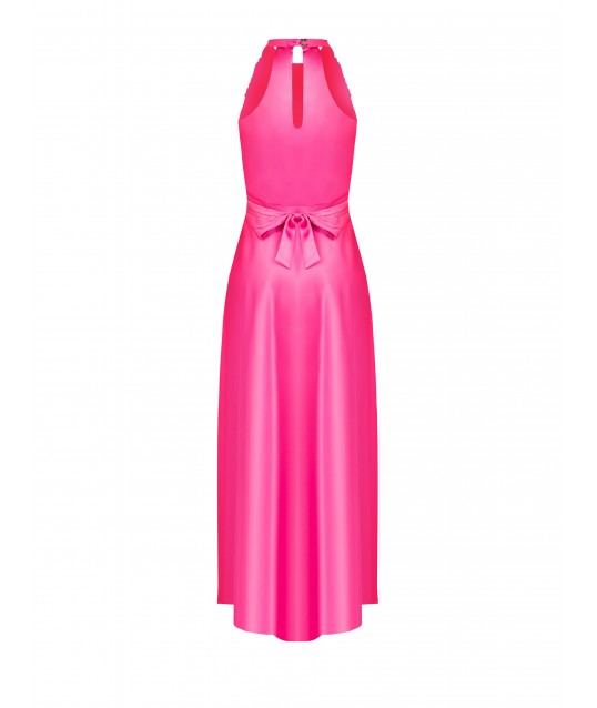 Rinascimento Maxi Satin Dress with Draped Neckline and Bow at the Back