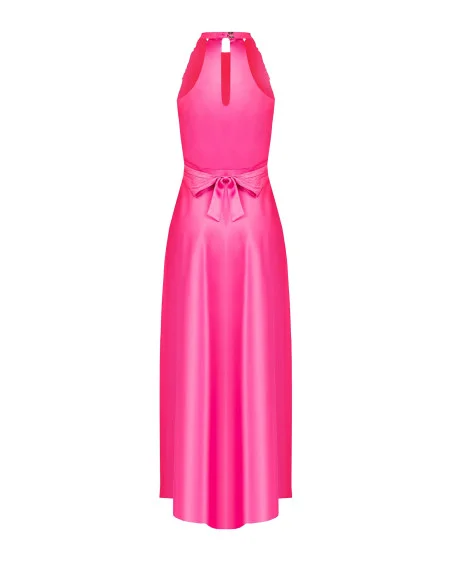 Rinascimento Maxi Satin Dress with Draped Neckline and Bow at the Back