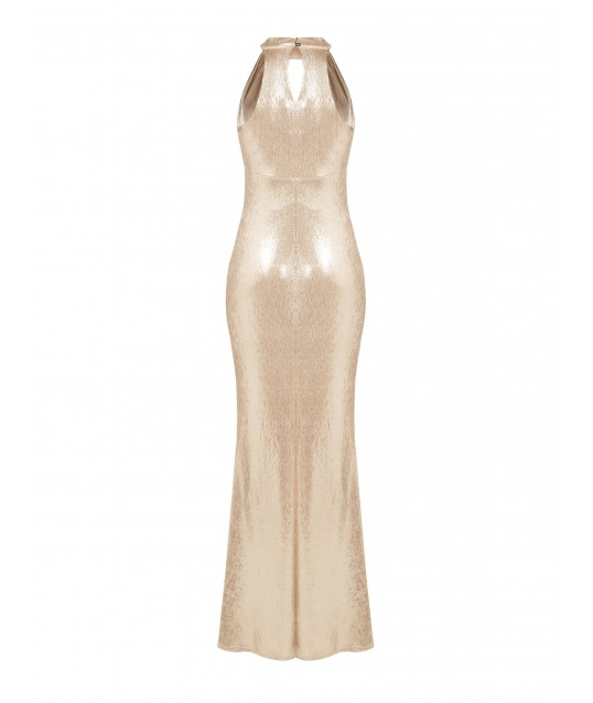 Long, Fitted, Flared Dress in Laminated Fabric with a Slit and Teardrop-Shaped Cut-Out – Rinascimento