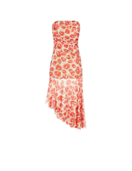 Short, asymmetrical mesh dress with a Rinascimento poppy print