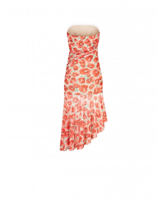 Short, asymmetrical mesh dress with a Rinascimento poppy print