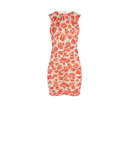 Mesh Sheath Dress with Poppy Print, Gathered in the Rinascimento Style