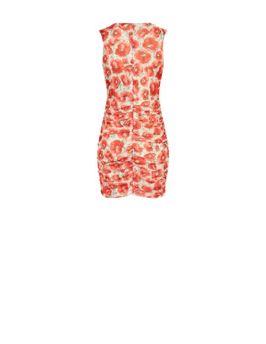 Mesh Sheath Dress with Poppy Print, Gathered in the Rinascimento Style