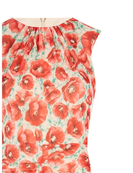 Mesh Sheath Dress with Poppy Print, Gathered in the Rinascimento Style