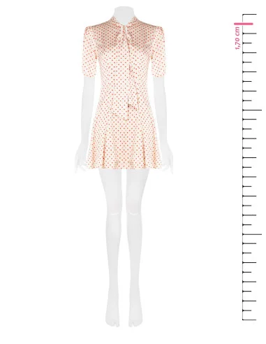 Robe courte évasée en satin à pois, avec encolure en V et petit foulard « Rinascimento »