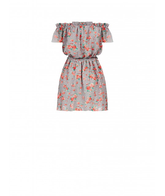 Short Check and Rose Print Dress with Elasticated Waist – Rinascimento