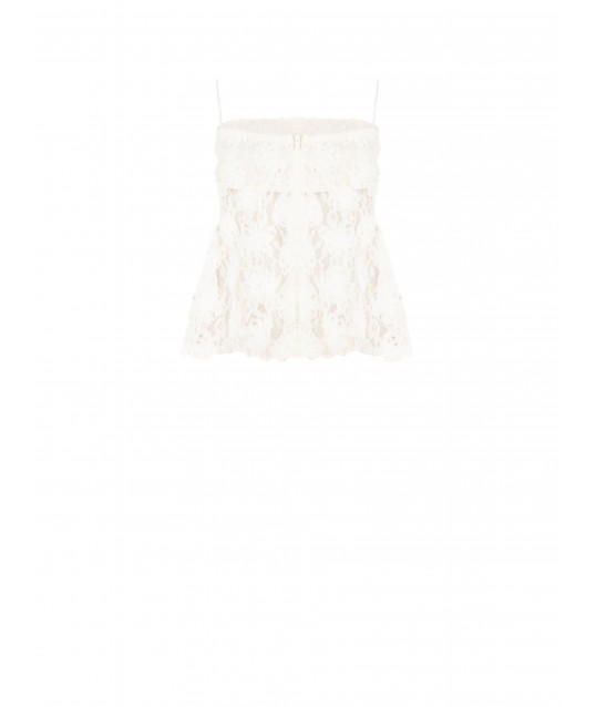 Rinascimento-style tulle peplum top covered in roses with an embossed pattern