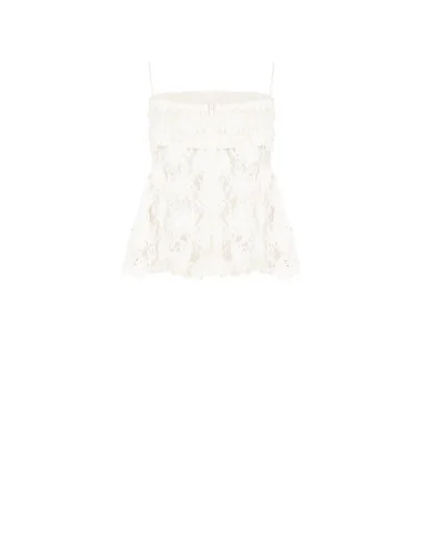 Rinascimento-style tulle peplum top covered in roses with an embossed pattern
