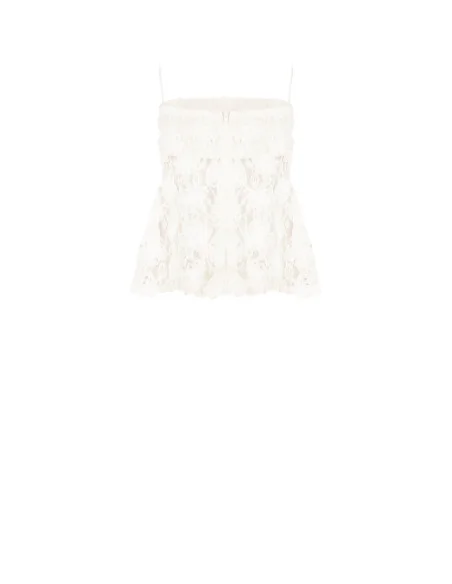 Rinascimento-style tulle peplum top covered in roses with an embossed pattern