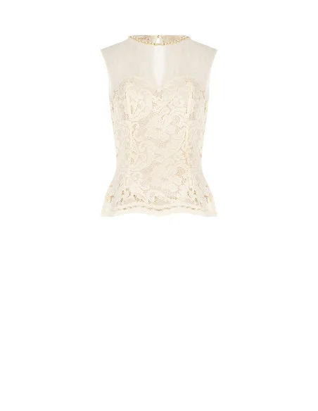 Haut bustier cintré en dentelle avec empiècement en tulle et col rond orné de perles « Rinascimento »