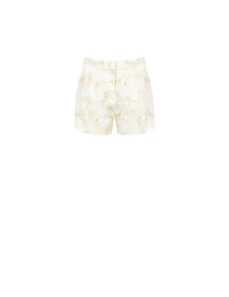 Viscose and Linen Blend Shorts with Embossed Rinascimento-Style Floral Embroidery