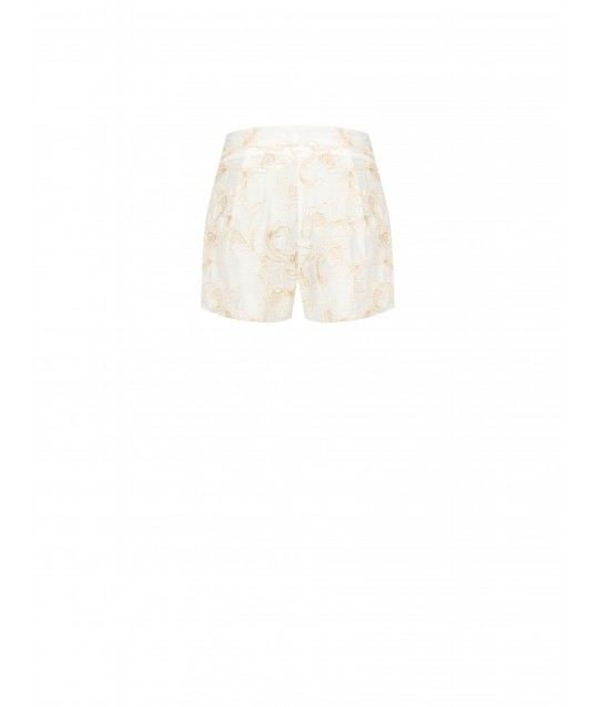 Short en mélange de viscose et de lin, orné de broderies florales en relief de style Rinascimento