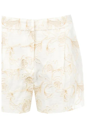 Short en mélange de viscose et de lin, orné de broderies florales en relief de style Rinascimento