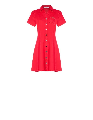 Short Fitted Stretch Denim Dress with Frayed Hem Rinascimento