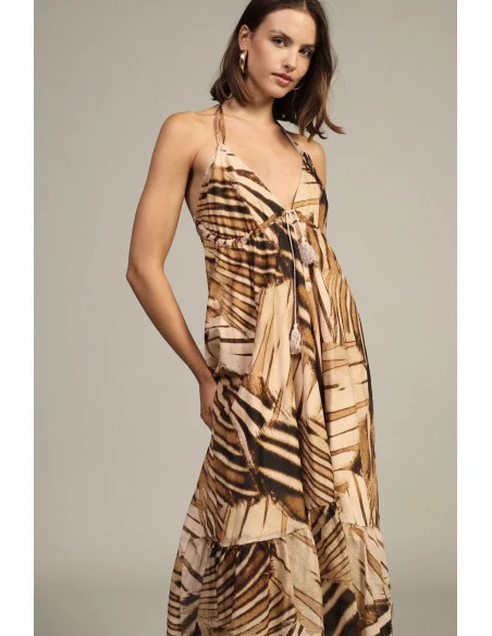 Robe longue à imprimé géométrique avec encolure à nouer Dixie