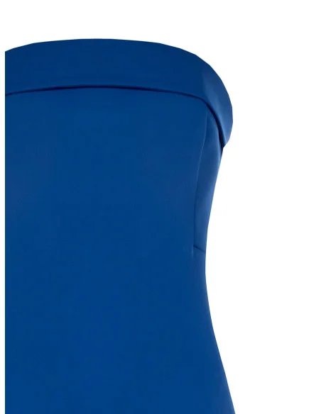 Long, flared, asymmetrical dress with a Bardot neckline in Rinascimento scuba crepe
