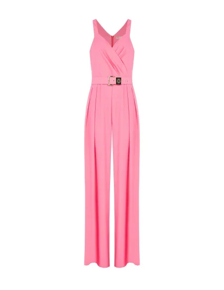 Palazzo-style jumpsuit in flowing fabric with a matching rigid belt and a Rinascimento logo plaque