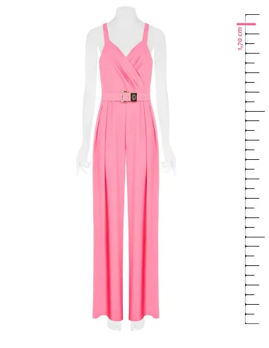 Palazzo-style jumpsuit in flowing fabric with a matching rigid belt and a Rinascimento logo plaque