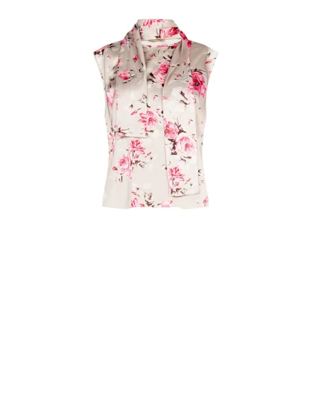 Flared, Flowing Satin Top with Rose Pattern and Integrated Scarf – Rinascimento