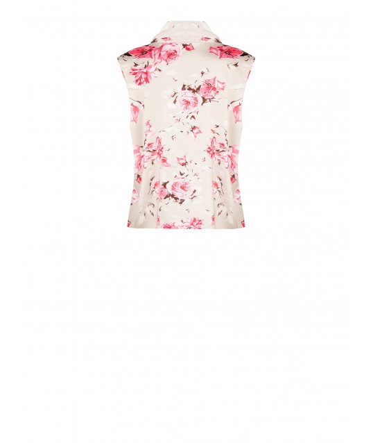 Flared, Flowing Satin Top with Rose Pattern and Integrated Scarf – Rinascimento