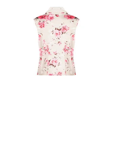 Flared, Flowing Satin Top with Rose Pattern and Integrated Scarf – Rinascimento