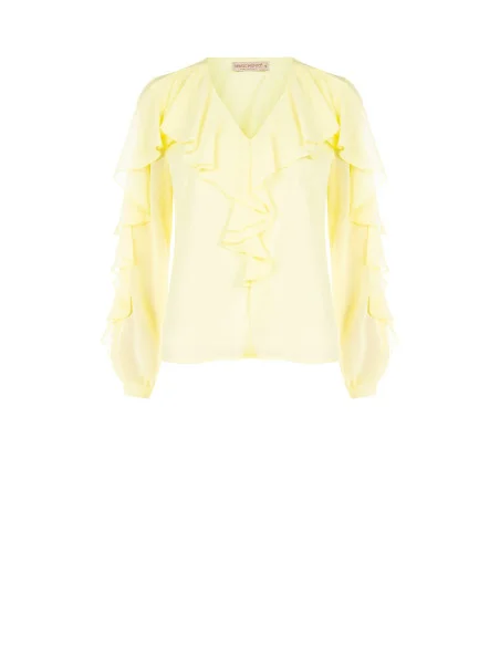 Fitted pleated georgette blouse with a V-neck and Rinascimento-style ruffles