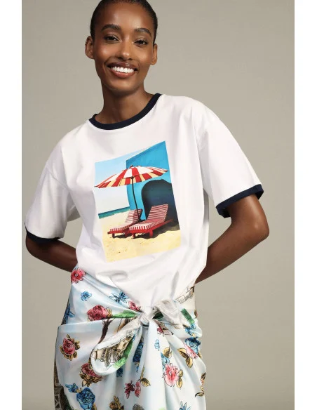 T-Shirt Girocollo Stampa Fotografica E Profili A Contrasto Dixie