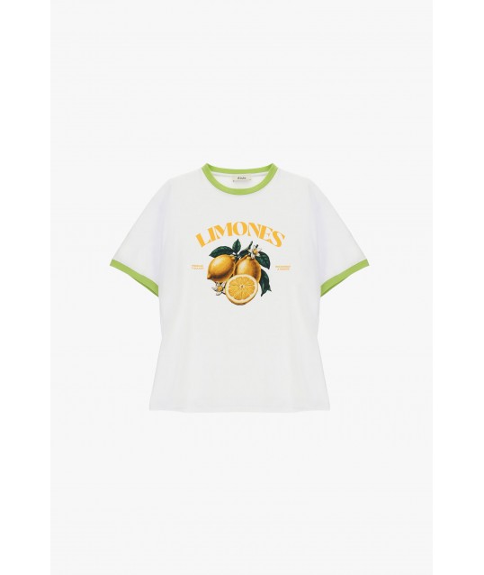 Dixie Crew-Neck T-Shirt with Citrus Print and Contrast Trimming