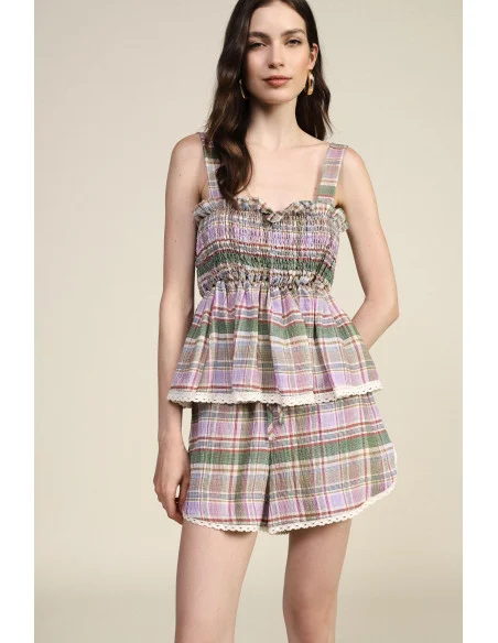 Plaid Shorts with Drawstring and Embroidered Trim Dixie