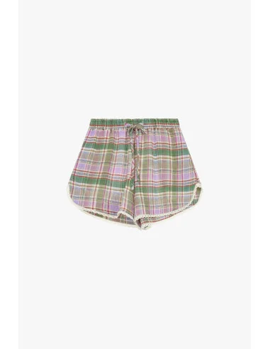 Plaid Shorts with Drawstring and Embroidered Trim Dixie