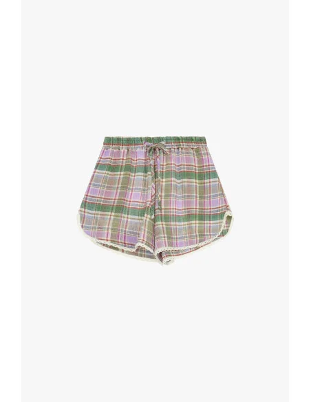 Plaid Shorts with Drawstring and Embroidered Trim Dixie