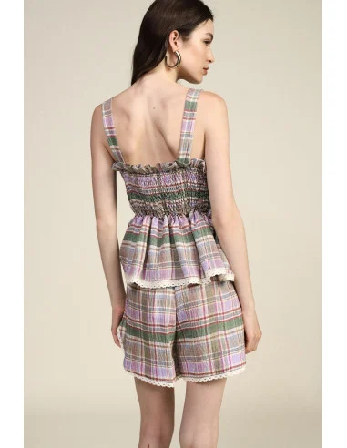Plaid Shorts with Drawstring and Embroidered Trim Dixie