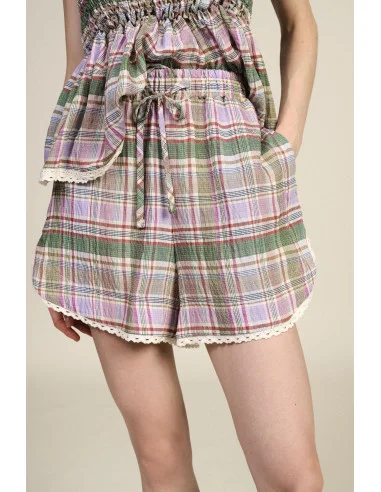 Plaid Shorts with Drawstring and Embroidered Trim Dixie