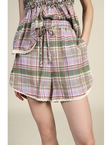 Plaid Shorts with Drawstring and Embroidered Trim Dixie