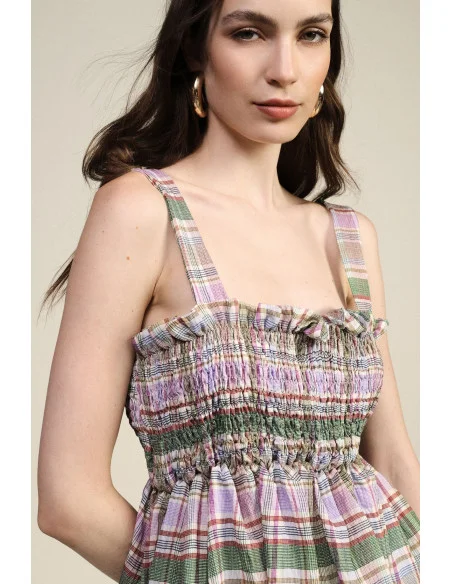 Checked Top with Spaghetti Straps and Ruched Details Dixie