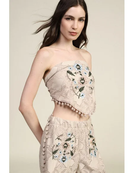 Top bandana avec broderie florale et détails à pompons Dixie