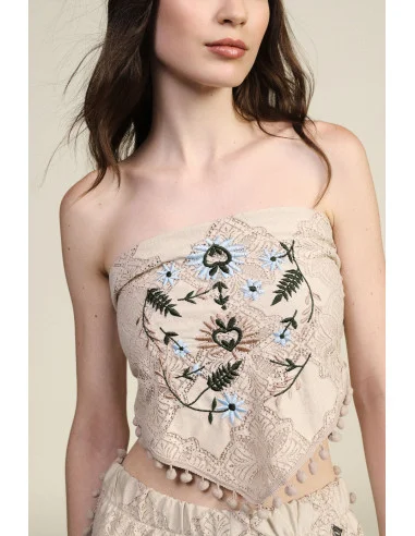 Top bandana avec broderie florale et détails à pompons Dixie