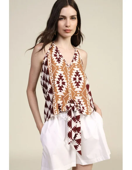 Top with Tie Neckline and Geometric Pattern Dixie