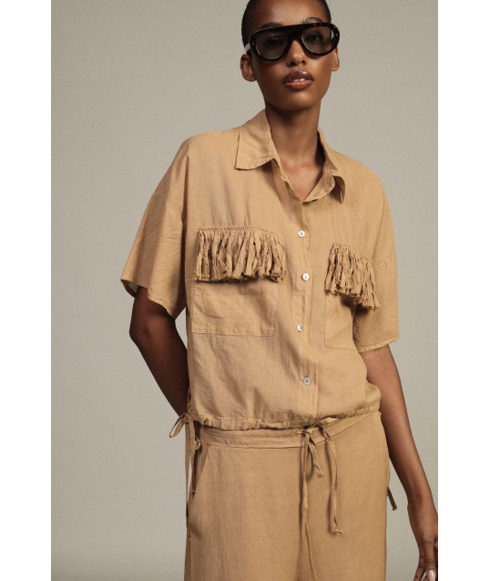 Dixie Cropped Shirt with Pockets, Fringes and Short Sleeves