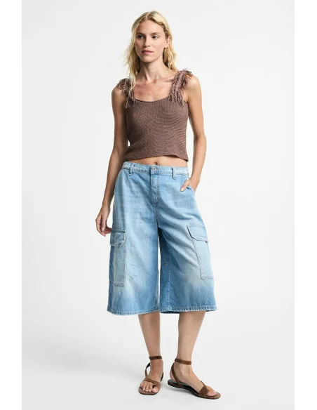 Wide-Leg Denim Cargo Shorts with Side Pockets Please