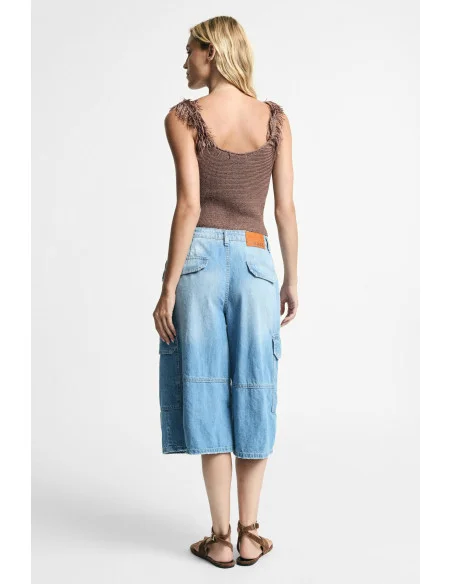 Shorts Cargo Denim A Gamba Ampia E Tasche Laterali Please