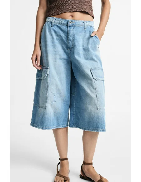 Shorts Cargo Denim A Gamba Ampia E Tasche Laterali Please