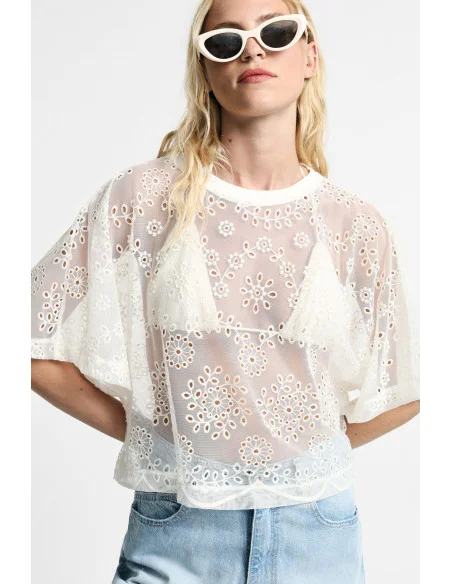 Top Boxy Con Ricamo Floreale E Bordo Smerlato Please