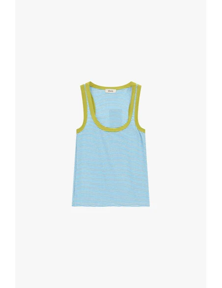 Dixie Striped Top with Round Neckline and Contrast Trimming