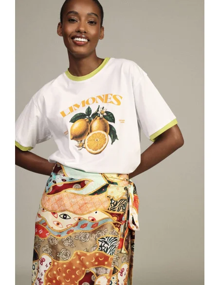 T-shirt à col rond avec imprimé d'agrumes et bordures contrastées Dixie