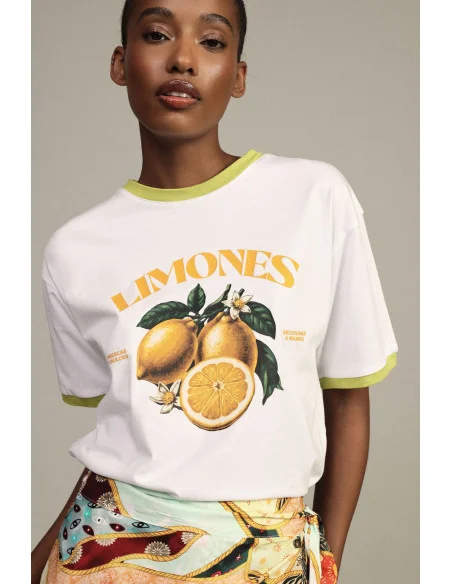 T-shirt à col rond avec imprimé d'agrumes et bordures contrastées Dixie