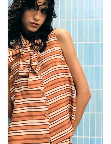 Striped Sleeveless Blouse with Bow and Buttons Please