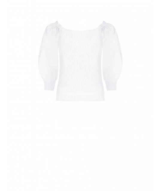 Cotton-blend braided knit top with puff sleeves in ‘Rinascimento’ poplin