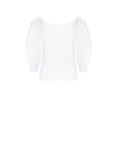 Cotton-blend braided knit top with puff sleeves in ‘Rinascimento’ poplin